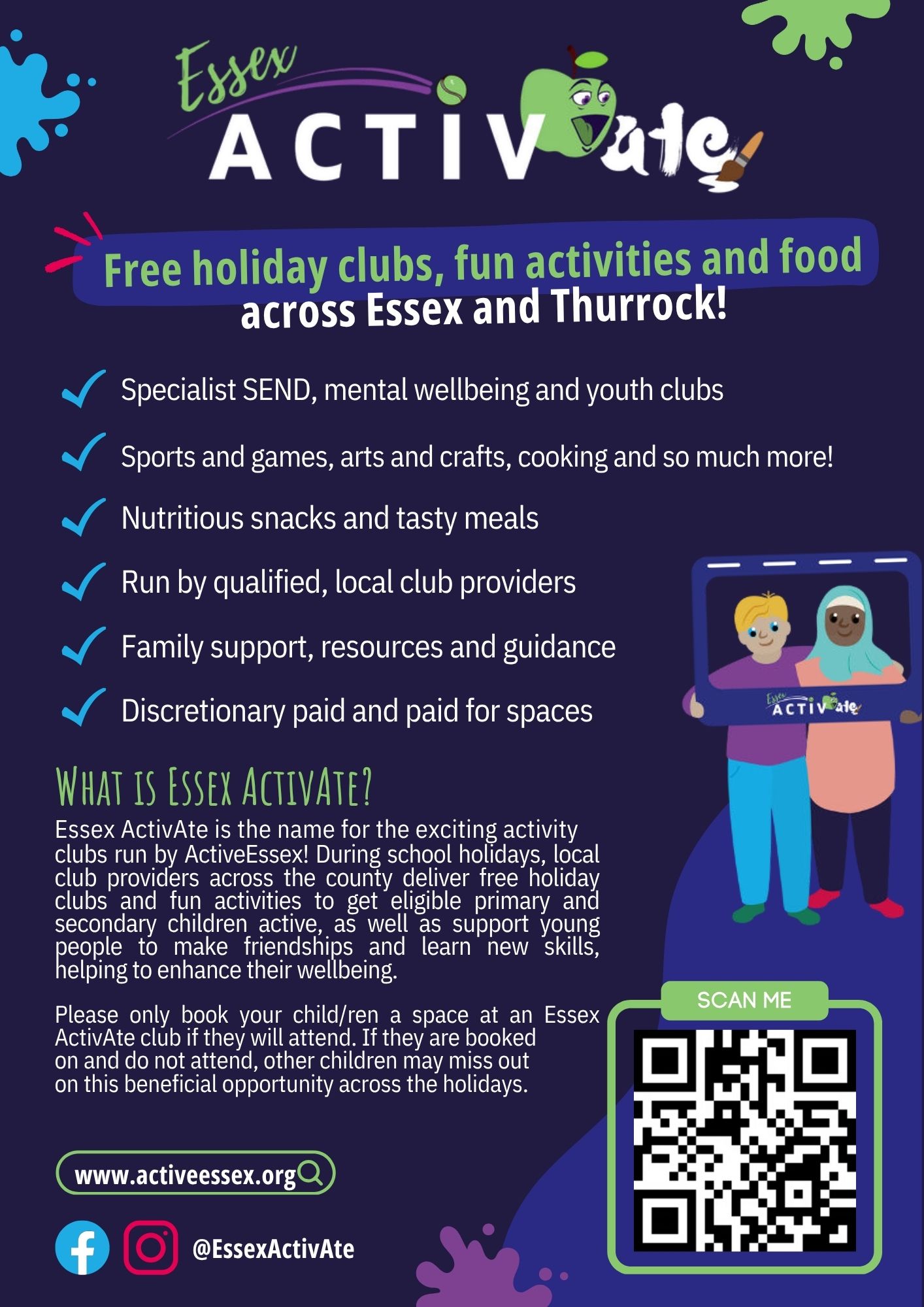 Flyer describing summer holiday activities for children with a link to the booking page  https://www.activeessex.org/children-young-people/essex-activate/ 