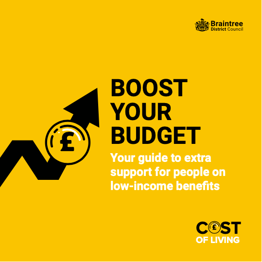 Yellow graphic with Braintree District Council&#39;s logo and the title Boost Your Budget