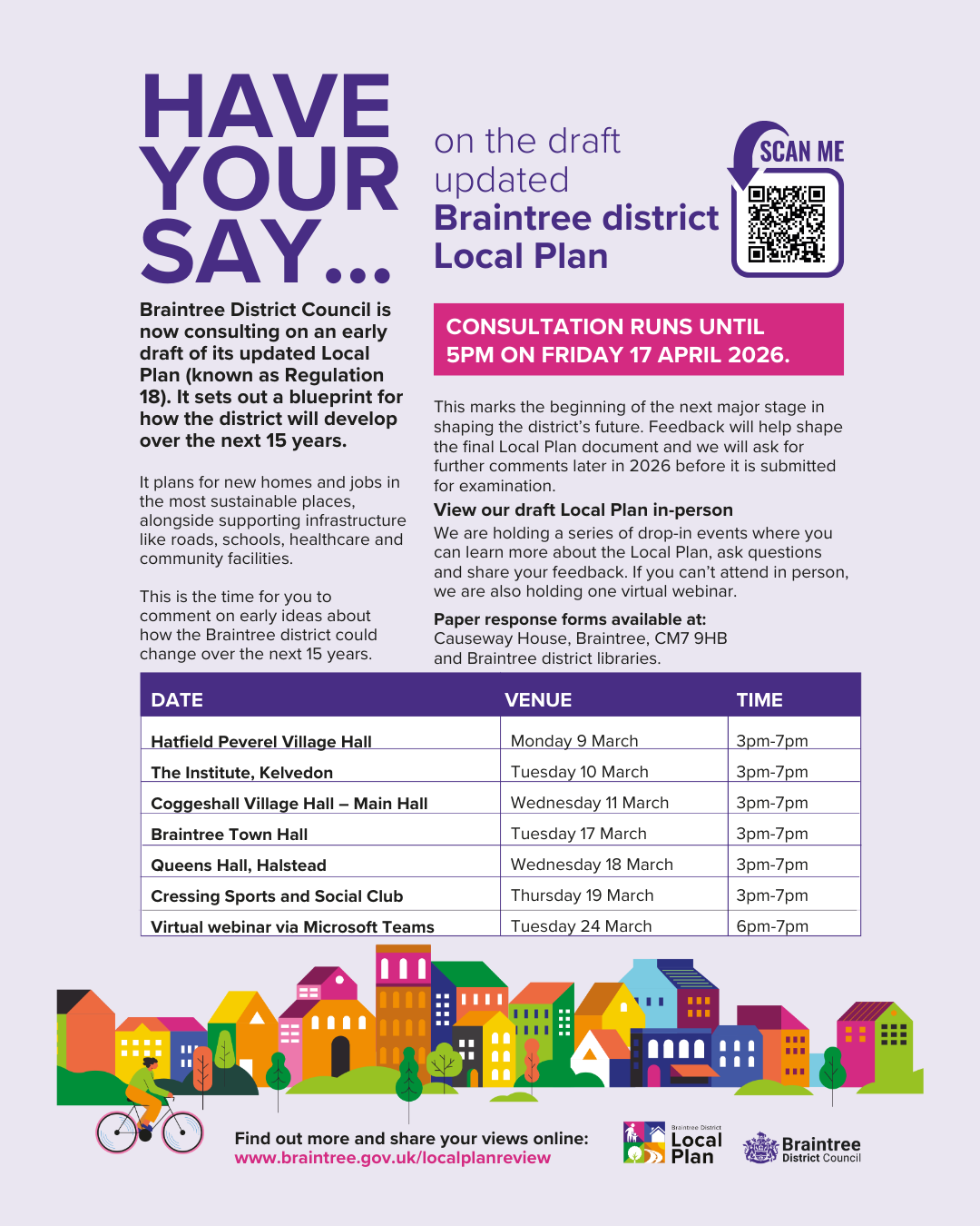 Image shows a graphic of colourful houses with the text to invite residents to view the draft local plan by Braintree District Council on Monday 9th March at Hatfield Peverel Village Hall