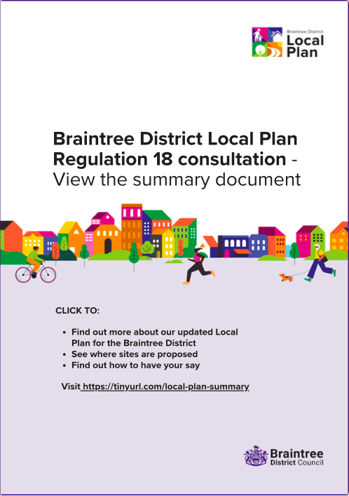 Purple background with Braintree District Council's logo. Wording reads Summary documents of Local Plan.