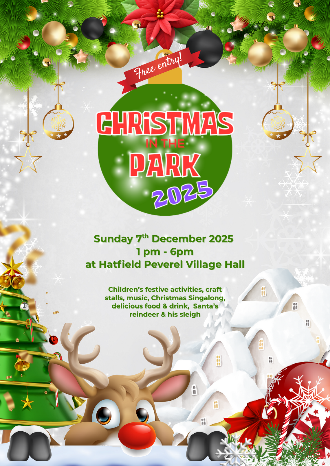 Christmas in the Park 2025 poster featuring christmas tree and reindeer with baubles and greenery