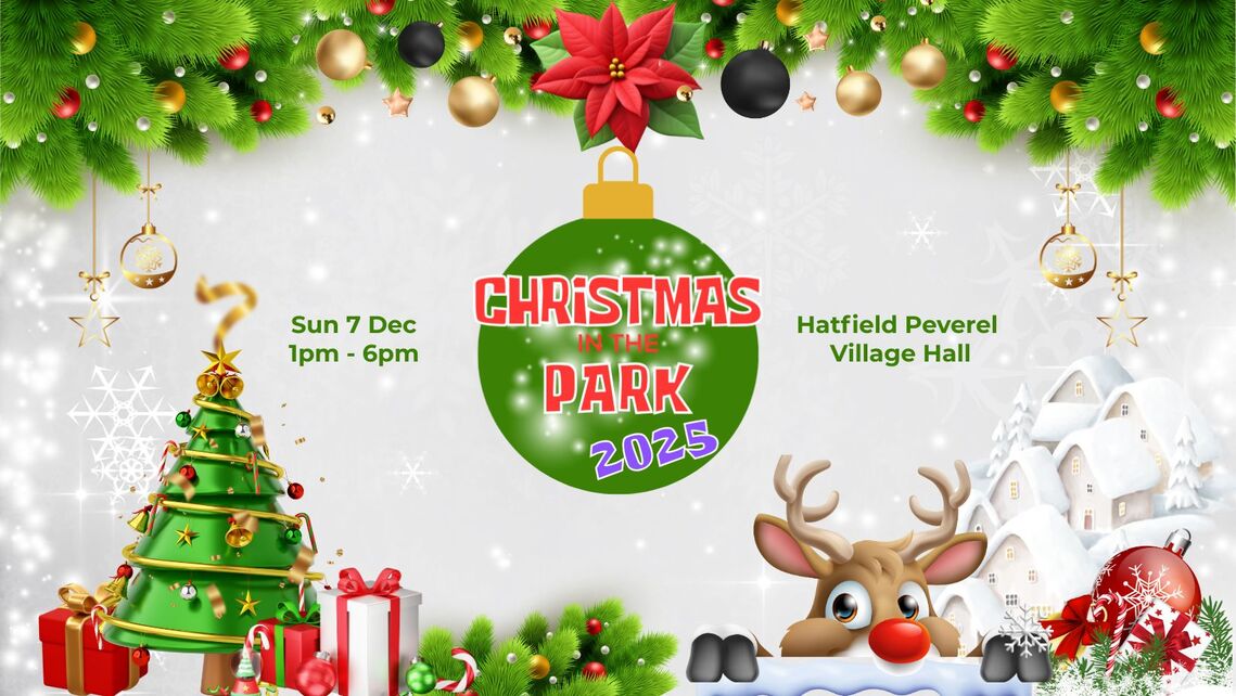 banner to announce Christmas in the Park on Sun 7 Dec 2025 at Hatfield Peverel Village Hall, 1pm-6pm. Banner features baubles, a christmas tree and christmas decorations