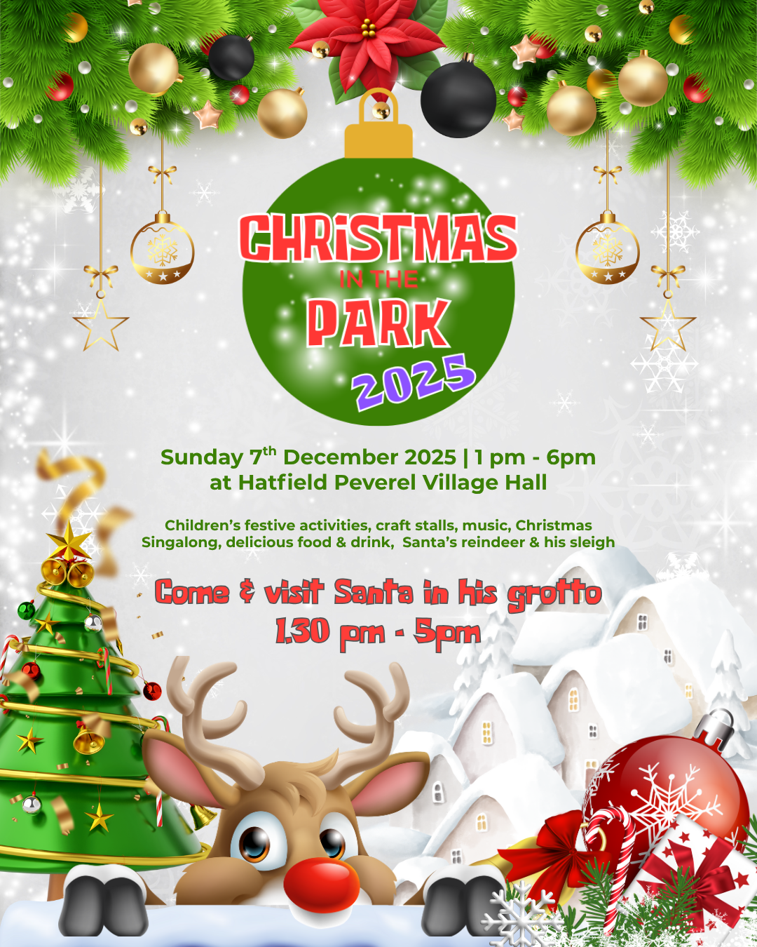 Christmas in the Park Sunday 7th December 1-6pm poster featuring baubles and christmas decorations