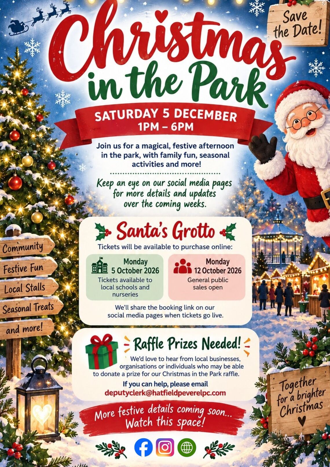 Festive illustrated Christmas in the Park poster with Santa, a decorated Christmas tree and snowy Christmas market scene. Event takes place Saturday 5 December, 1&ndash;6pm. Santa&rsquo;s Grotto tickets go on sale to local schools and nurseries on 5 October 2026, with general sales from 12 October. Raffle prize donations are also welcomed. Follow the Parish Council&rsquo;s social media for updates.