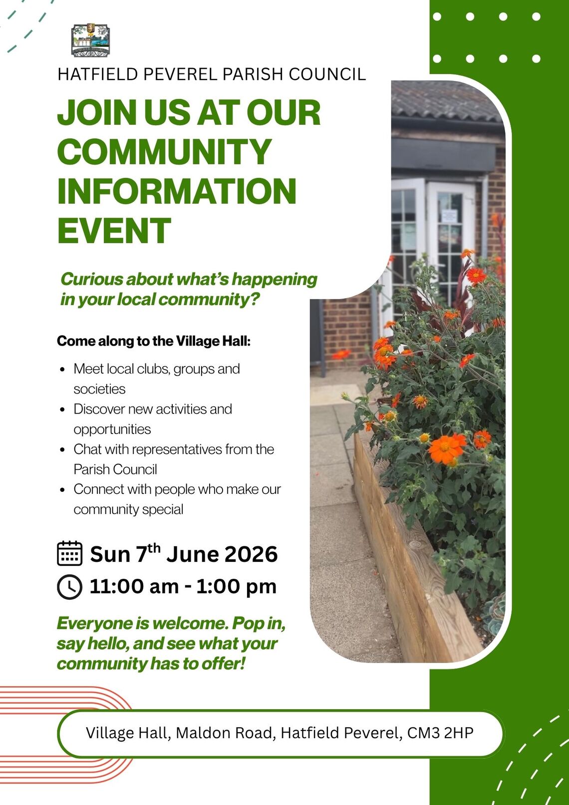 Flowerbed in front of doors of village hall with green text detailing the Community Info Event at the Village Hall on 7th June 2026 from 11am to 1pm
