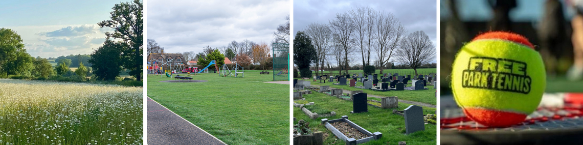 Four shots of scenes from around Hatfield Peverel including the Stonepath Meadows, the playground at the recreation ground, the cemetery and a tennis ball depicting Free Park Tennis