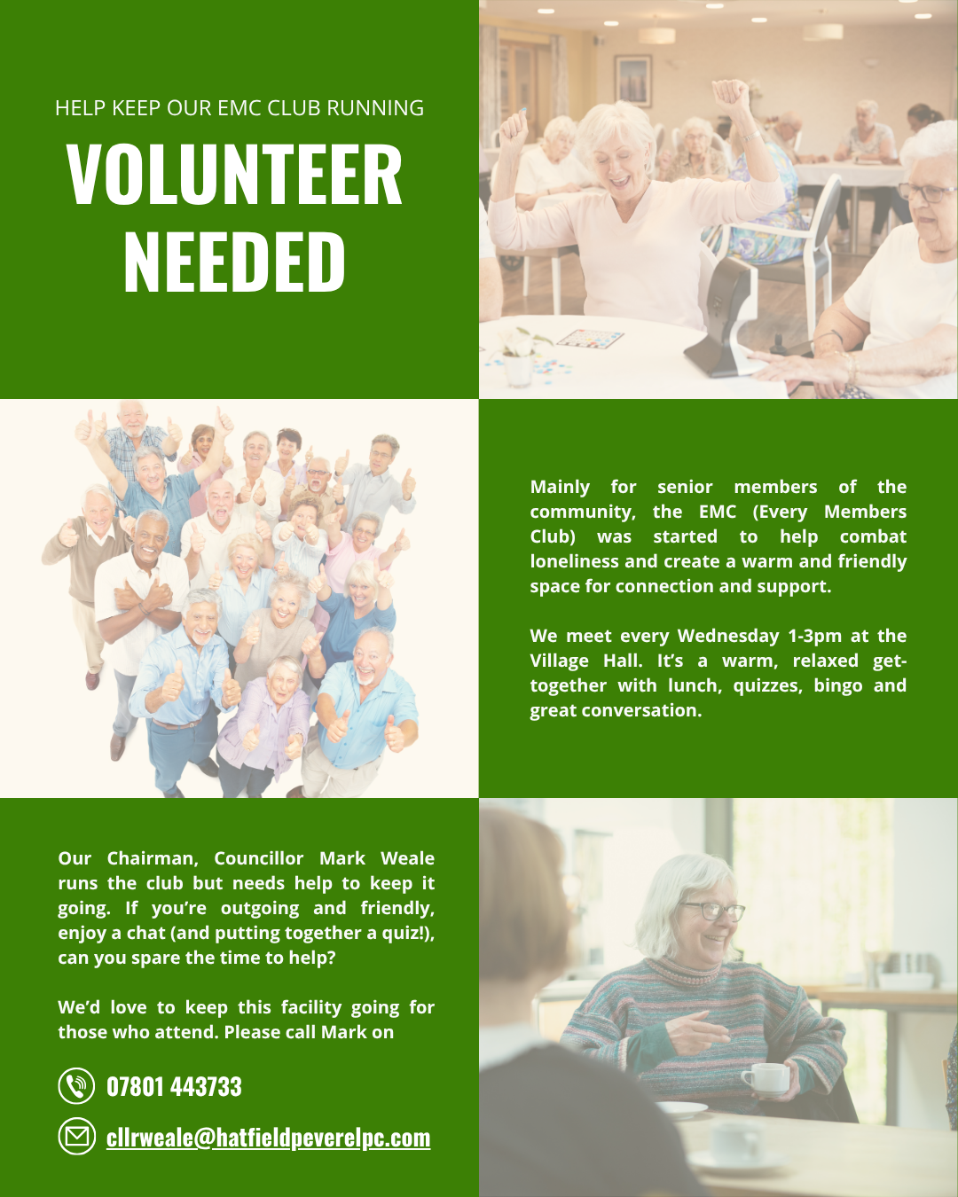 green and cream squares featuring details of becoming a volunteer for the Every Members Club at the village hall every wednesday 1 - 3pm