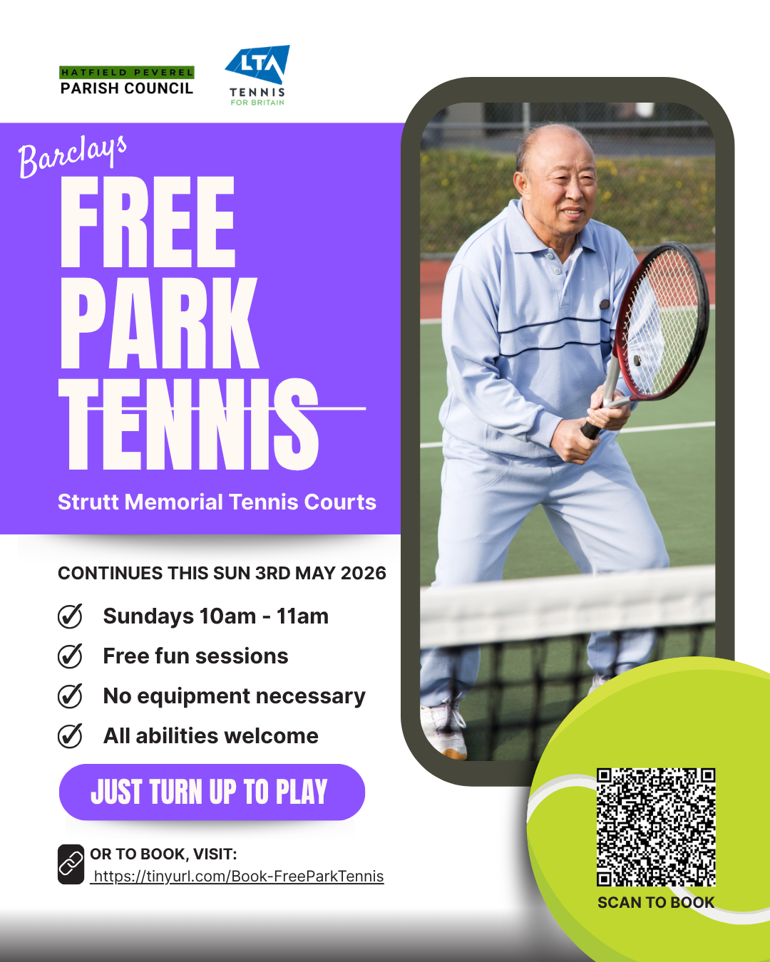 Older gentleman holding a tennis racquet inside the shape of a phone photo with wording alongside about Free Park Tennis at Hatfield Peverel Tennis courts every sunday from 10am to 11am