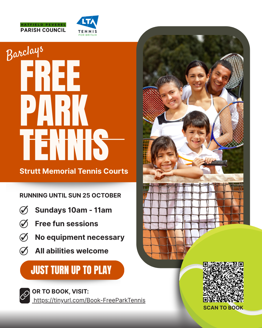 Come and play free park tennis every Sunday from 10-11am at the Hatfield Peverel Tennis courts_ image shows a family of four with tennis raquets