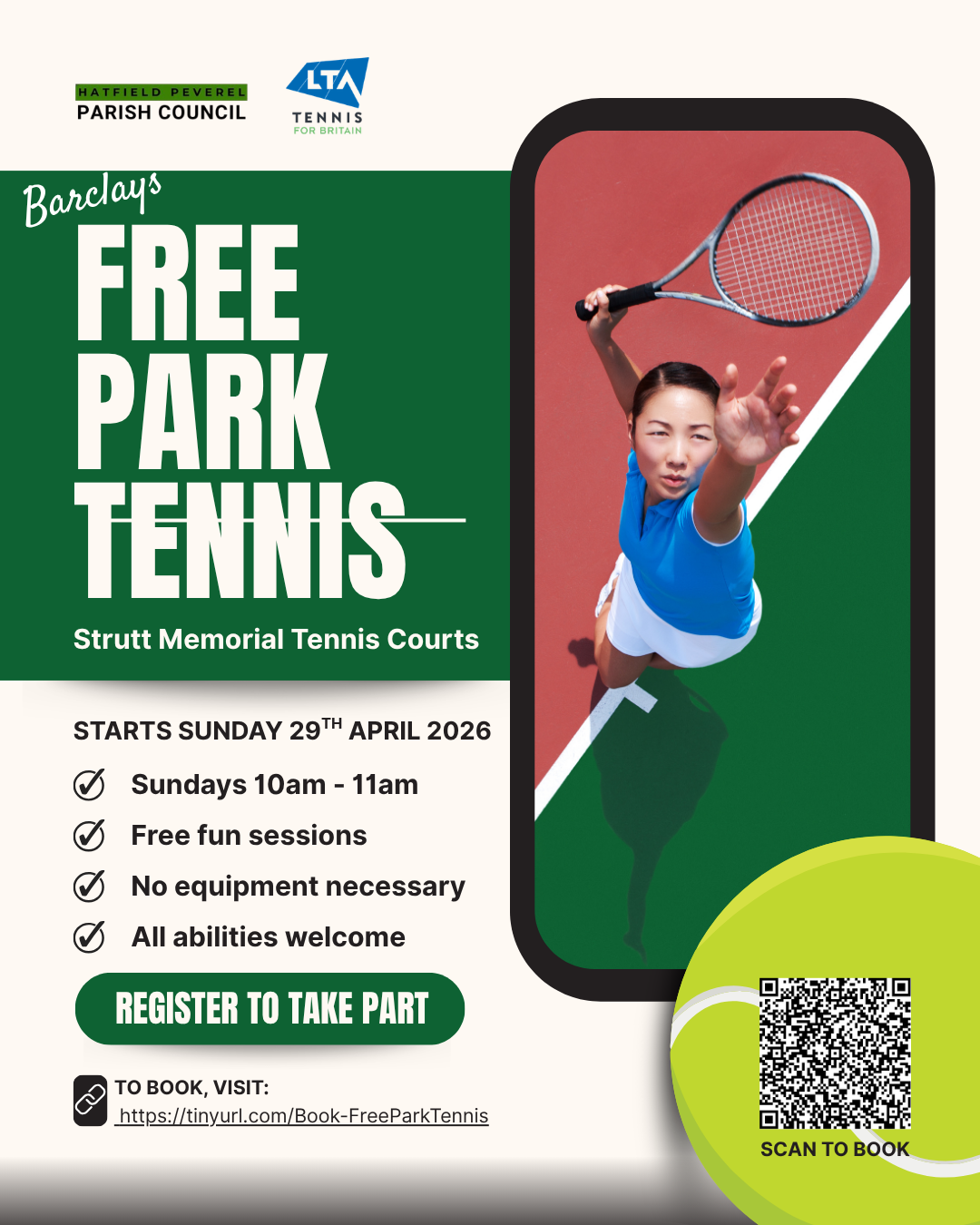 A girl playing tennis next to graphics detailing Free Park Tennis sessions every Sunday from 29th April 10am to 11am at Strutt Memorial Tennis Courts