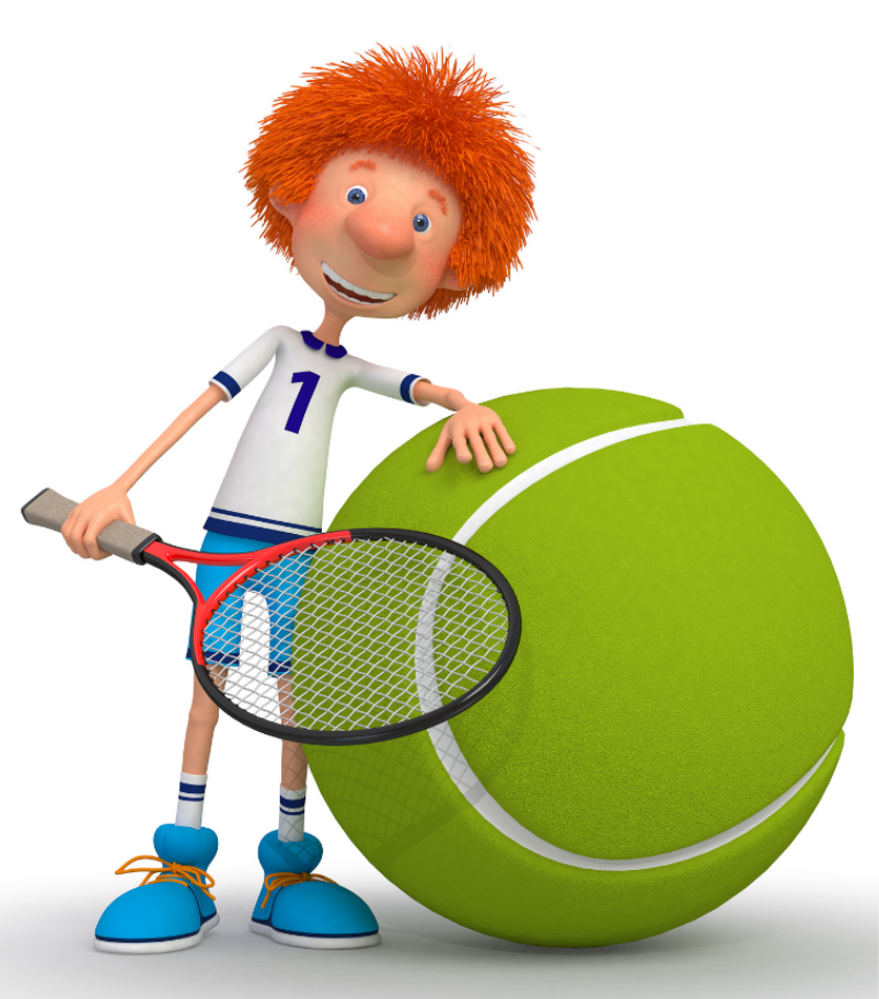A cartoon graphic of a red haired male in tennis gear holding a racquet and leaning on an oversized green tennis ball