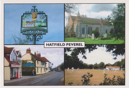 Various scenes from around Hatfield Peverel including town sign, church, street and cricket ground