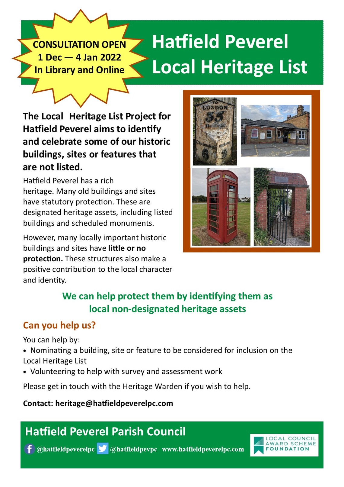 Hatfield Peverel Local Heritage List.  Consultation is open 1st December to 4th January online and in the Library