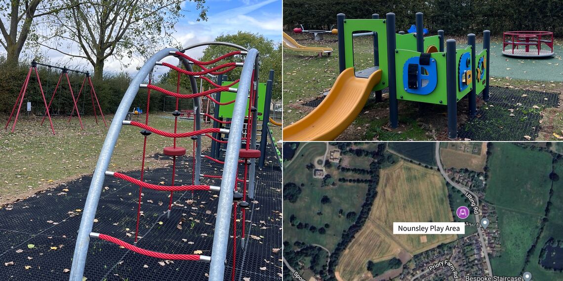 two pictures of play equipment at nounsley play area and a map showing the location on Ulting Road