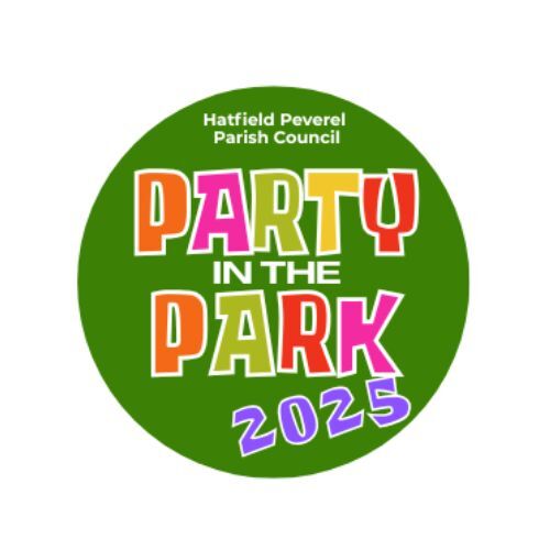 Colourful &#39;Party in the Park 2025&#39; logo on a green circle for Hatfield Peverel Parish Council