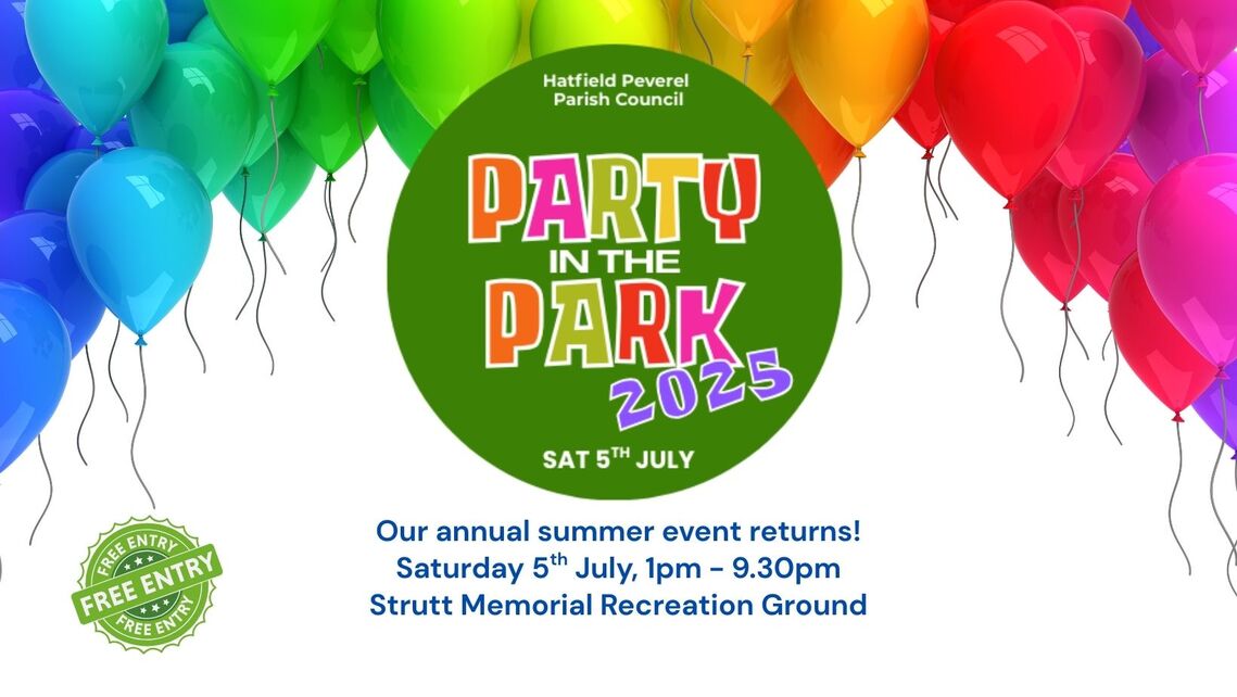 Colourful banner for &quot;Party in the Park 2025&quot; on Saturday 5th July, 1pm–9.30pm at Strutt Memorial Recreation Ground. Free entry. Bright balloons in the background.