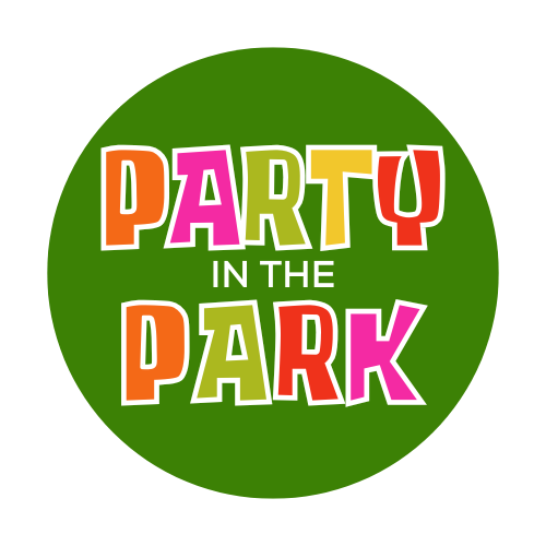Round green circle with colourful lettering saying Party in the Park