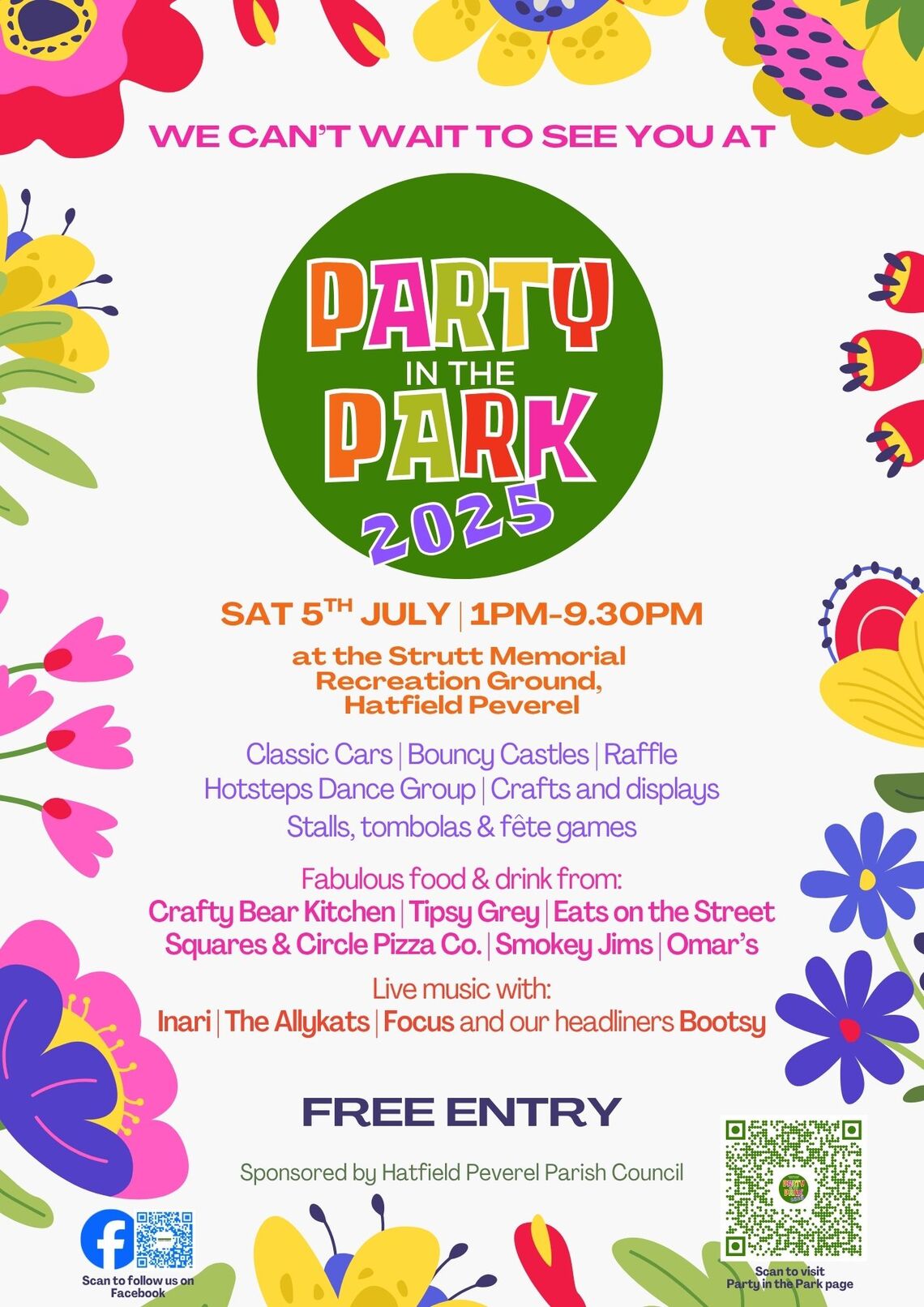 Poster detailing the 2025 Party in the Park event on sat 5th July from 1pm-9.30pm at the Strutt Memorial  Recreation Ground,  Hatfield Peverel. 