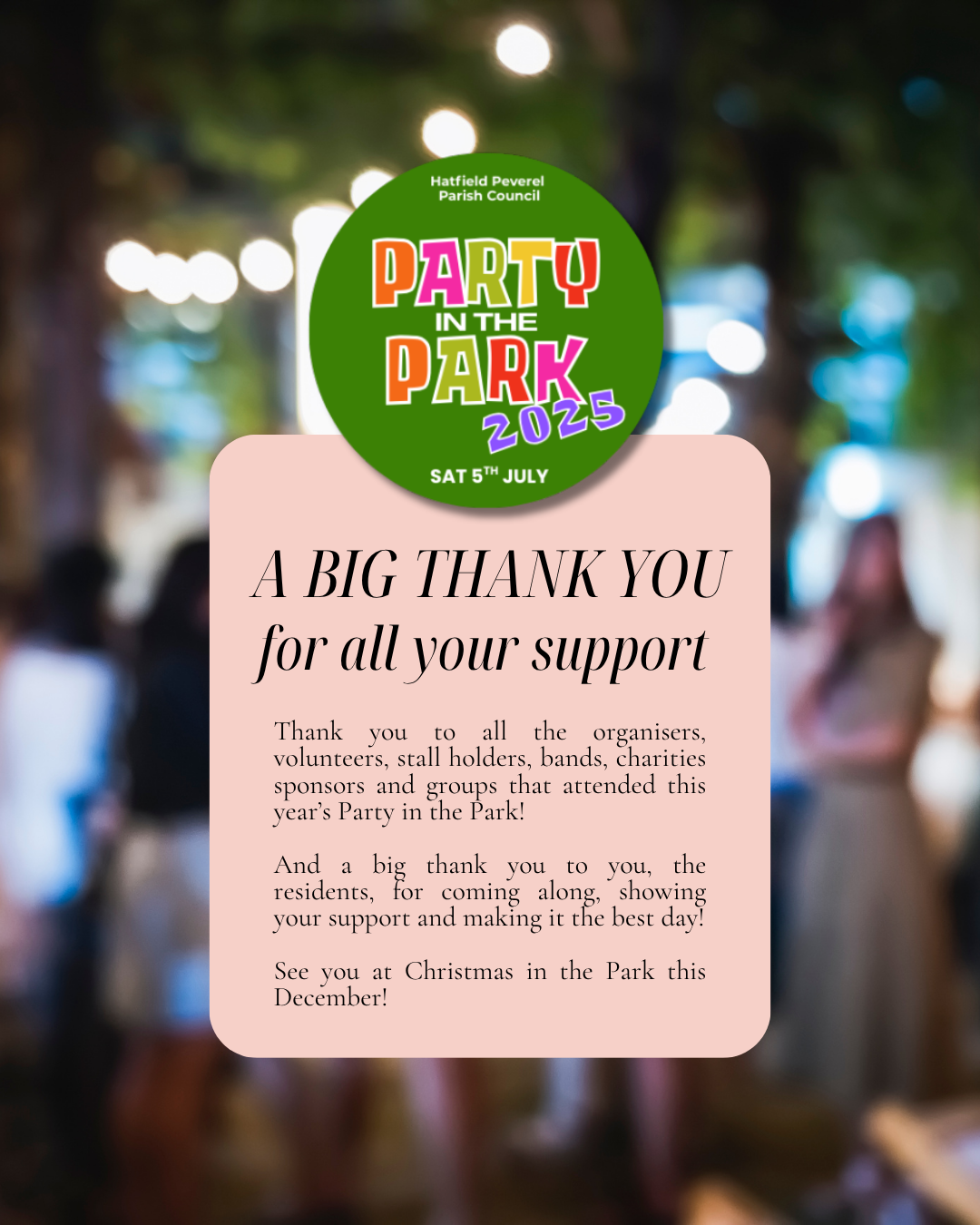 Party in the Park green logo with a box with text saying thank you to supporters, volunteers, businesses for attending Party in the Park