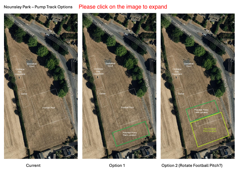 Three aerial shots of proposed sites of Nounsley Park with details showing possible location of pump track