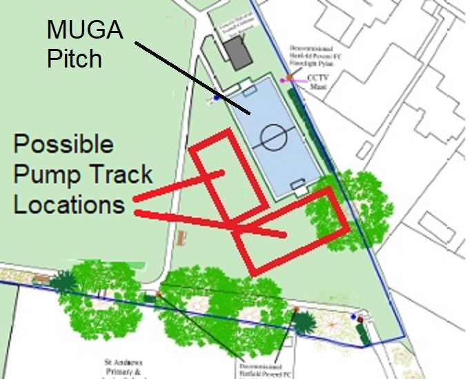 Map showing possible location marked in red of potential site for pump track