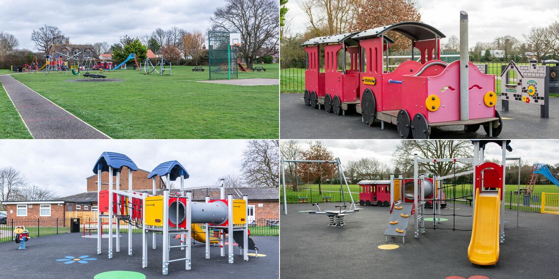 Four pictures of the playground at Strutt Memorial Rec Ground