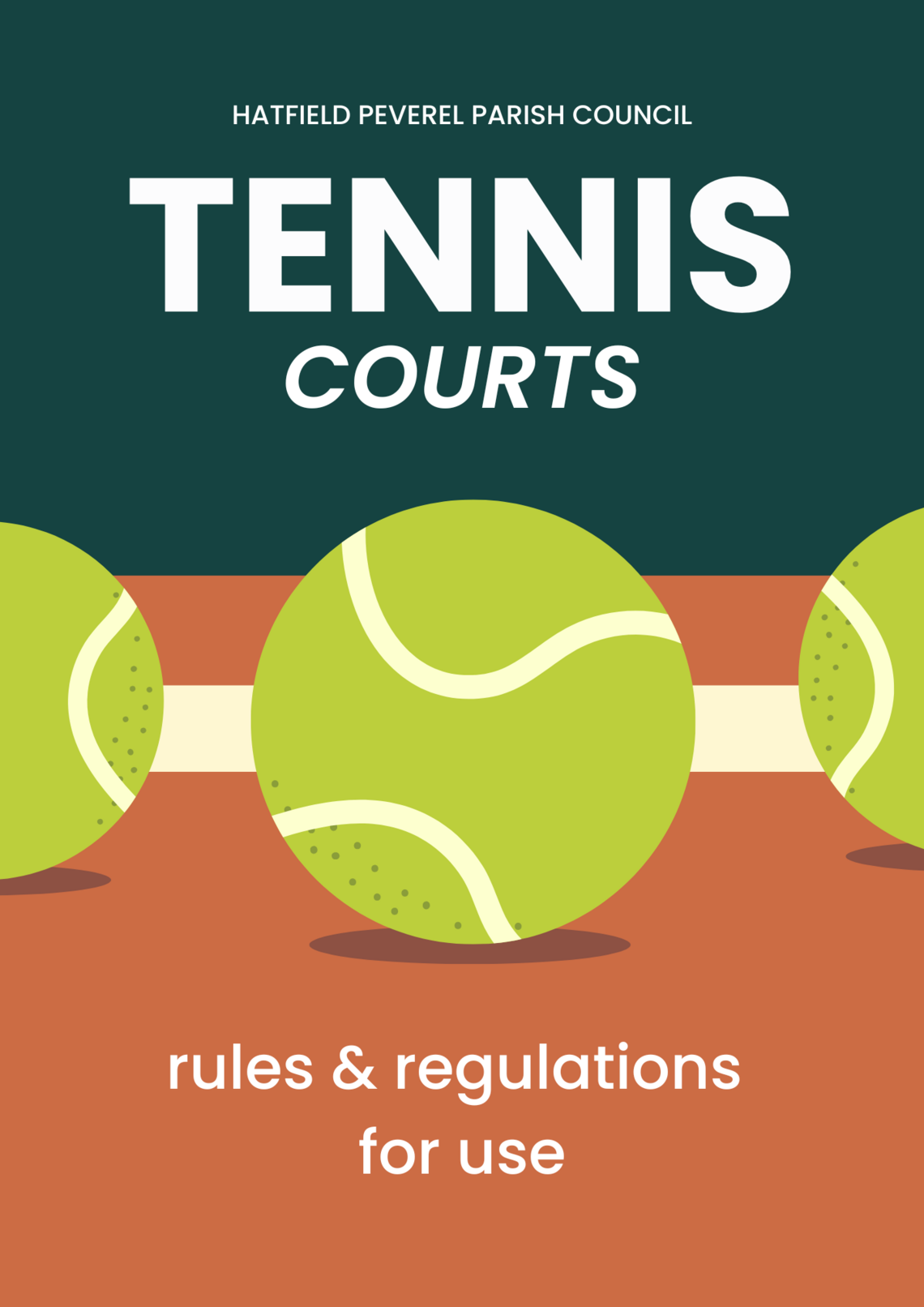 Tennis courts rules and regulations from Hatfield Peverel Parish Council featuring a large green tennis ball on a green and beige background