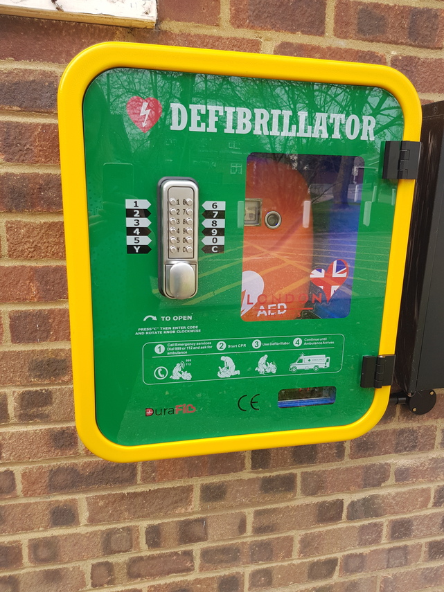 Close up photo of the village hall defib unit