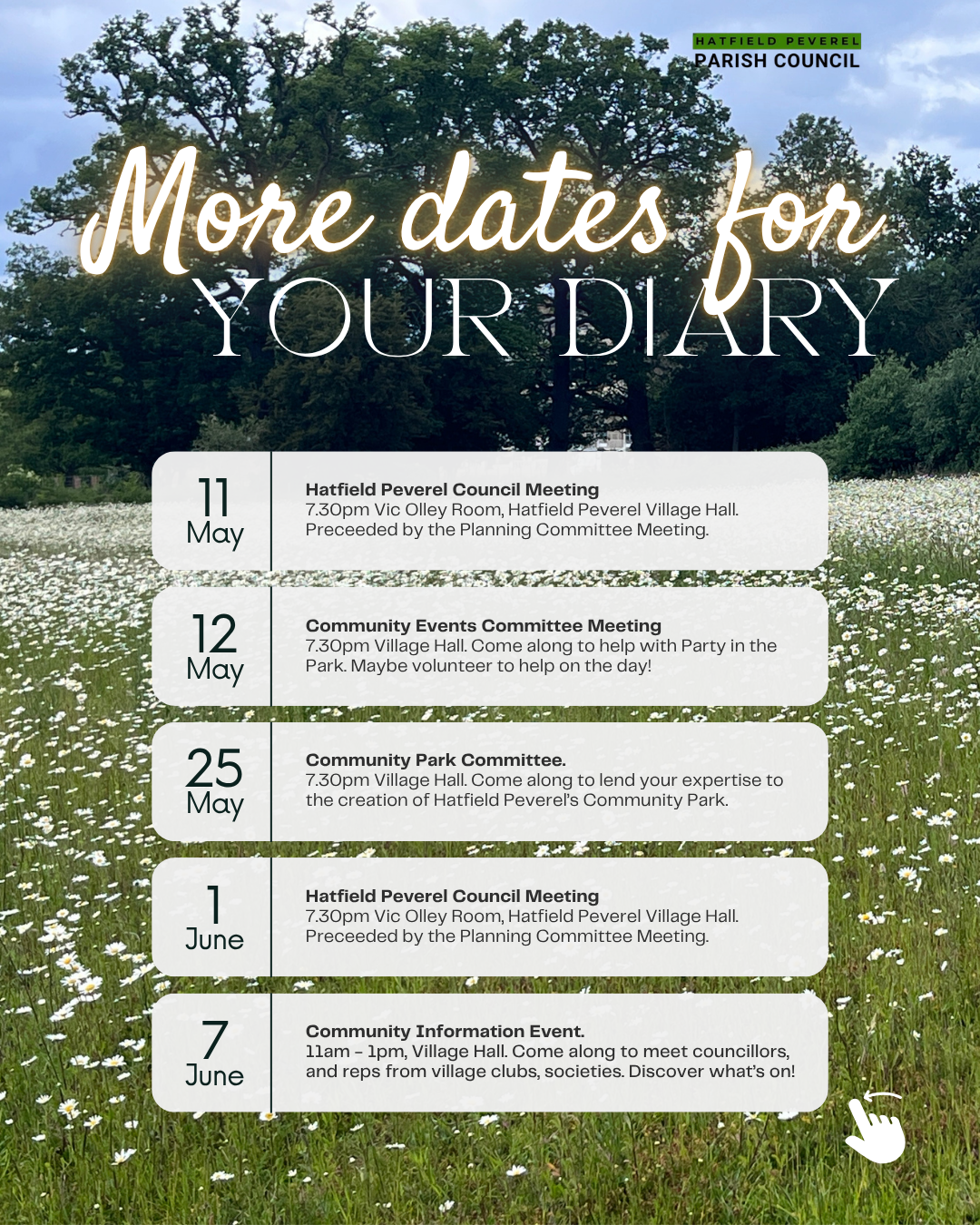 A list of upcoming dates for meetings at the village hall on a background photo of the stone path meadows