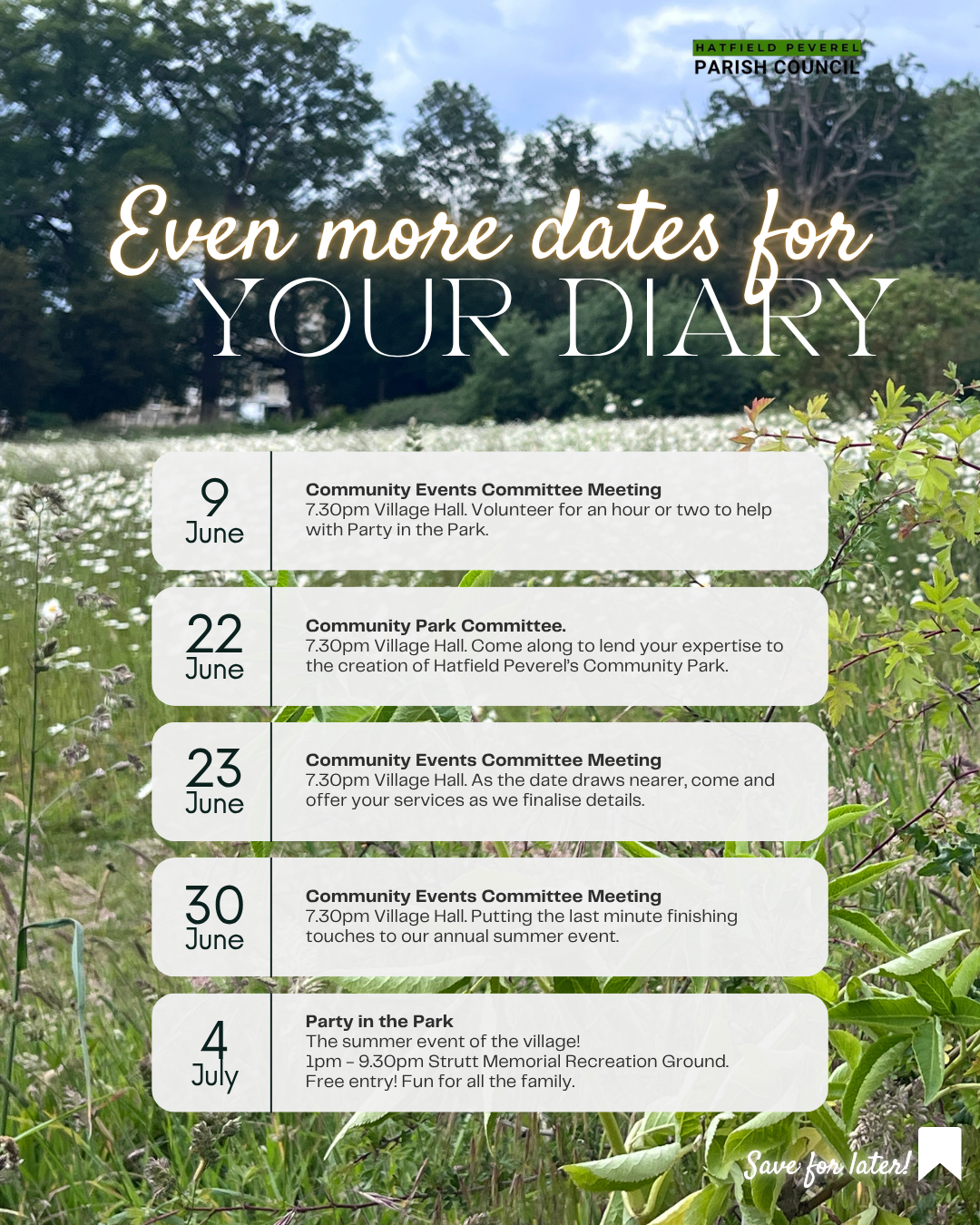 A list of upcoming dates for meetings at the village hall on a background photo of the stone path meadows