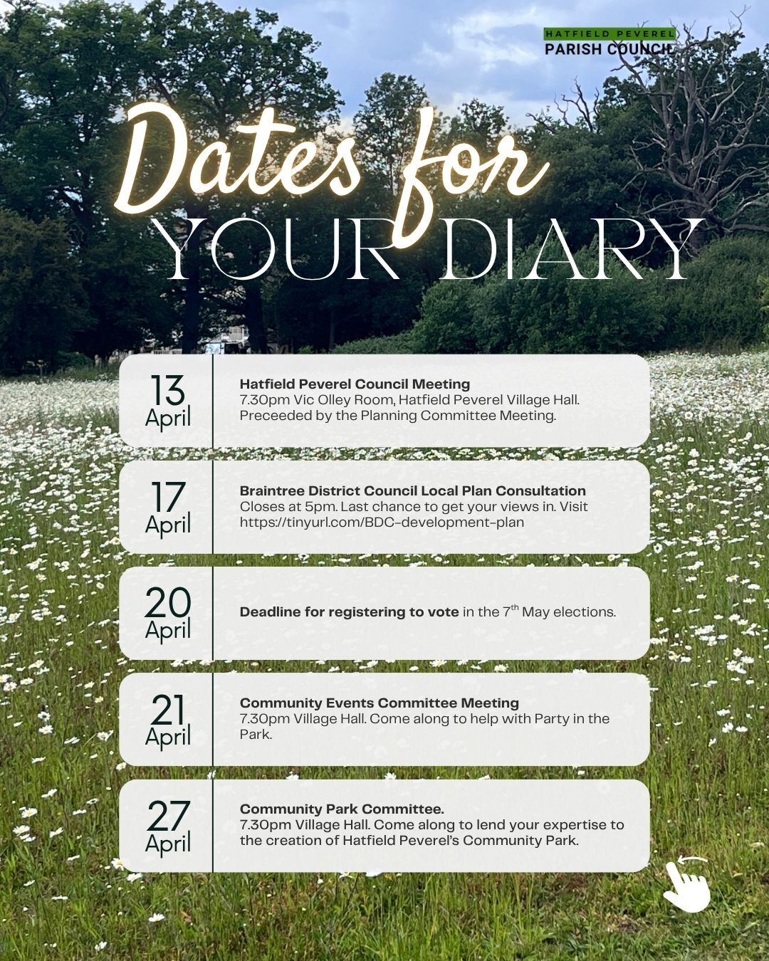 A list of upcoming dates for meetings at the village hall on a background photo of the stone path meadows