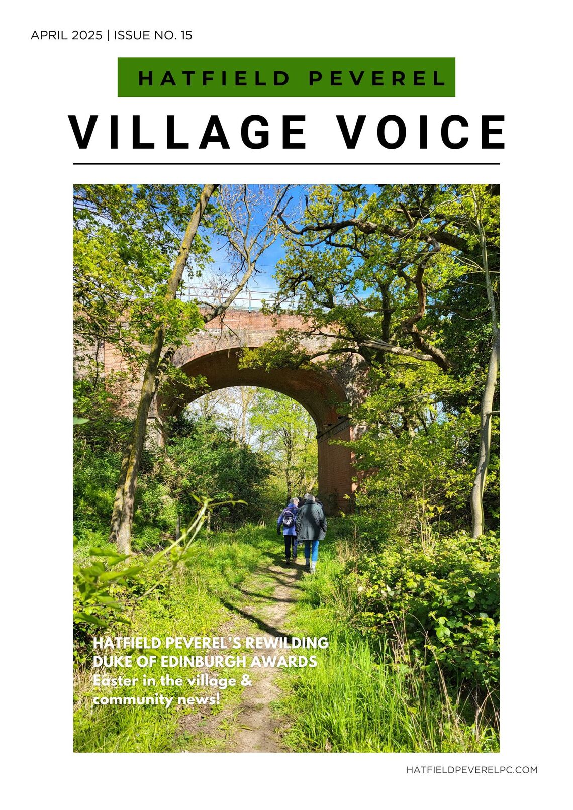 Front cover of April&#39;s Village Voice featuring the back of two people walking under a viaduct surrounded by trees and in bright sunshine.