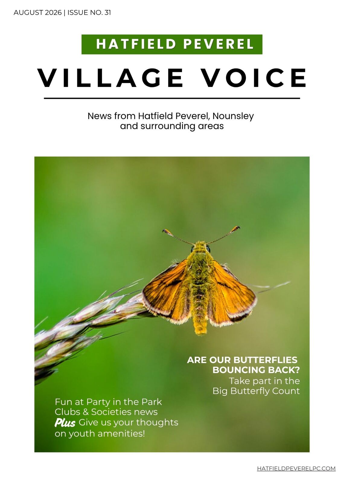 August 2026 cover of Hatfield Peverel Village Voice featuring a skipper butterfly on a grass stem with headlines about the Big Butterfly Count, Party in the Park, local clubs and societies, and youth amenities.