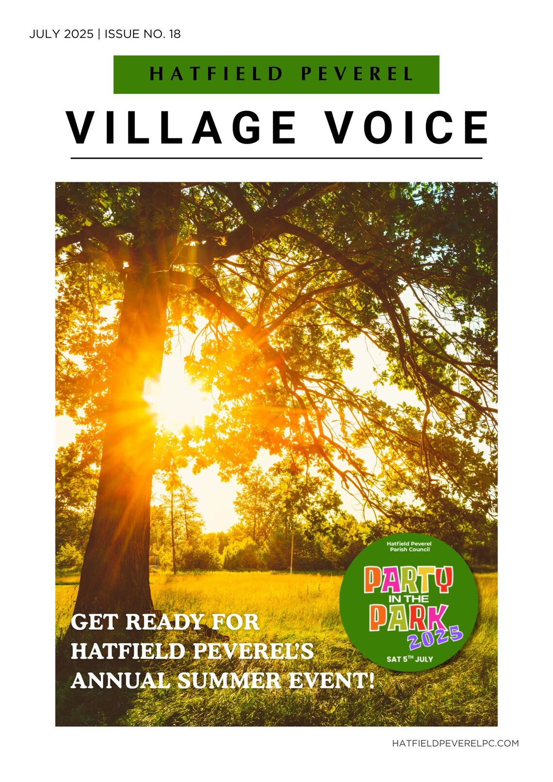 Cover of July issue of Village Voice. An oak tree is in shadow to the left with a sunset behind gleaming through the branches.