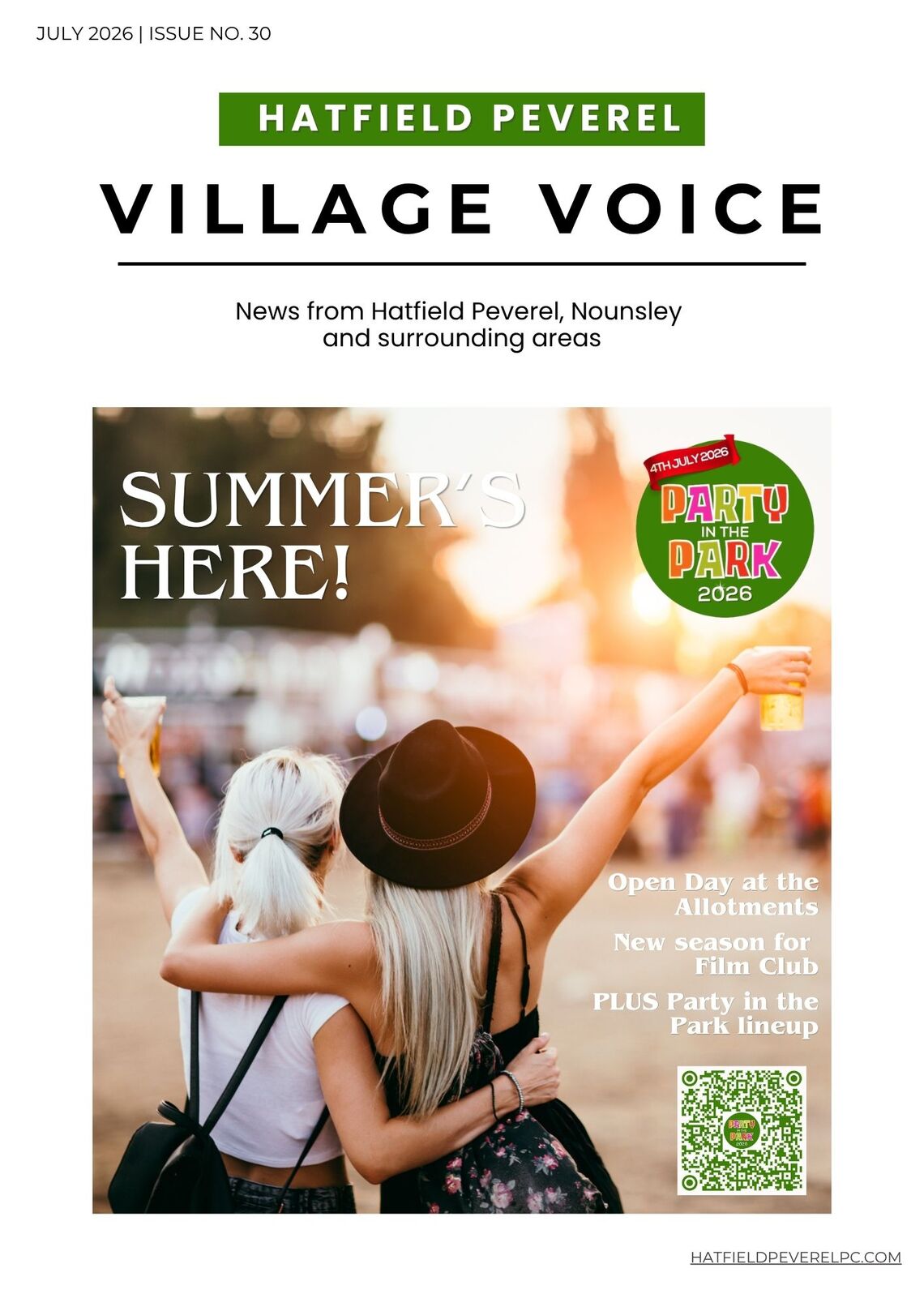 Cover of the July 2026 issue of Hatfield Peverel Village Voice. The cover features the back of two young women holding drinks aloft at a festival. Headlines on the image read &ldquo;Summer&rsquo;s Here&rdquo; with the Party in the park logo.