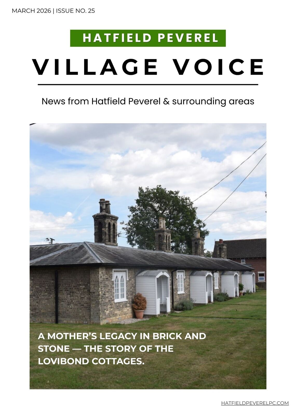 Cover photo of Hatfield Peverel Village Voice, parish magazine featuring a side view of a row of four almshouse with slate rooves and white wooden frames over the front doors, and a grassed area around the front of the cottages.
