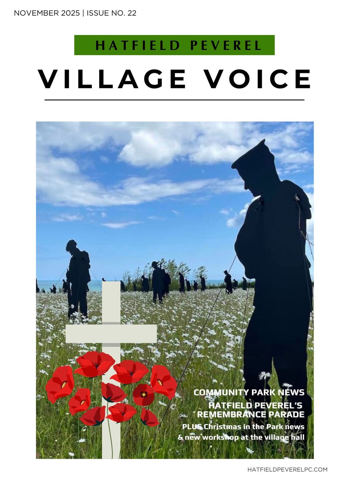 Front cover of Hatfield Peverel Village Voice featuring a green field filled with wildflowers with sculptures of world war one soldiers.