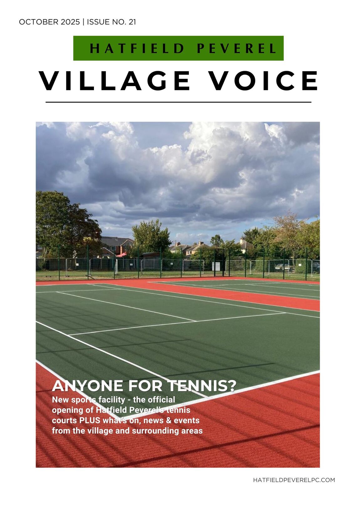 Front cover of Hatfield Peverel Parish Council&#39;s October Village Voice magazine featuring a tennis court wiht the words Anyone for Tennis on the cover.