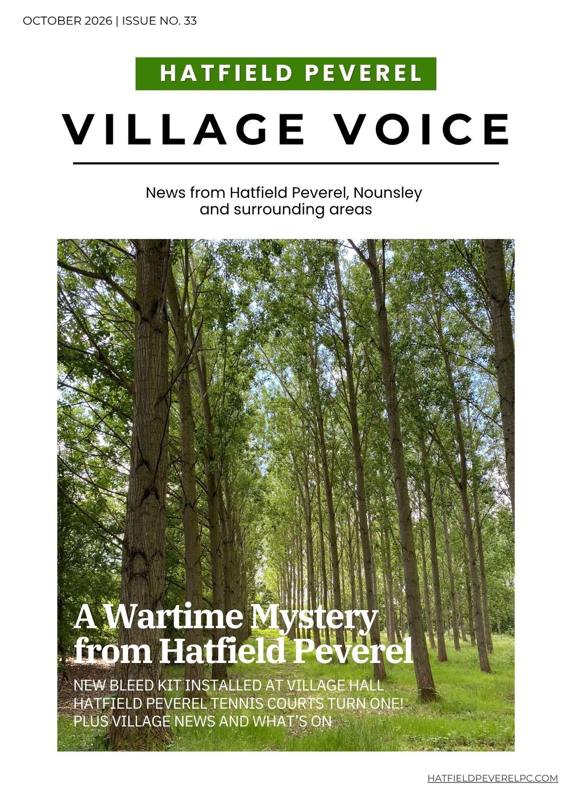 Cover of the October 2026 issue of Hatfield Peverel Village Voice - a leafy woodland with tall trees and green grass. Main headline reads, &ldquo;A Wartime Mystery from Hatfield Peverel&rdquo;, with additional features including a new bleed kit at the Village Hall, the first anniversary of Hatfield Peverel tennis courts