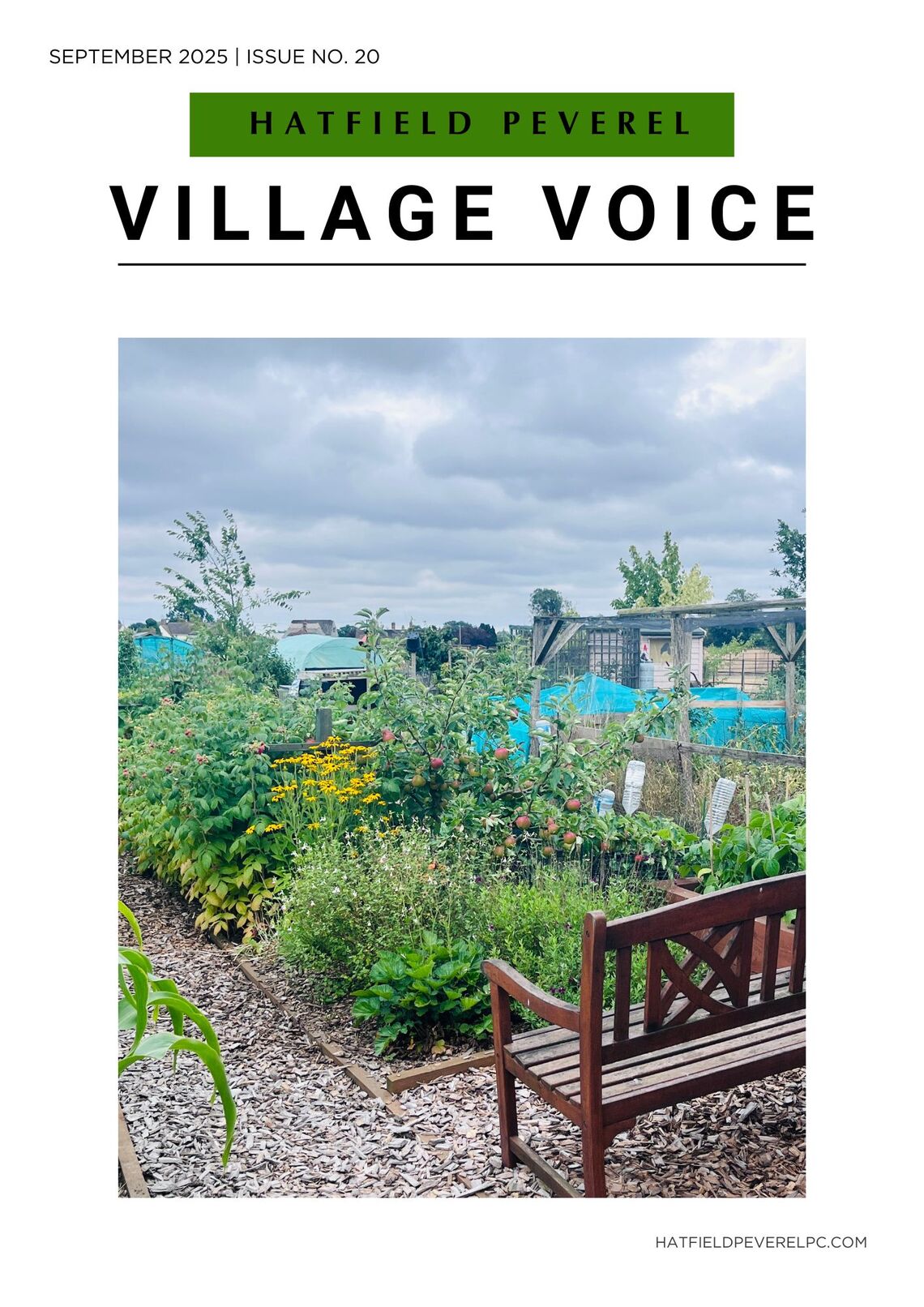 Hatfield Peverel Village Voice September 2025 cover showing a community allotment garden with apple trees, yellow flowers, vegetable beds, and a wooden bench, under a cloudy Essex sky.