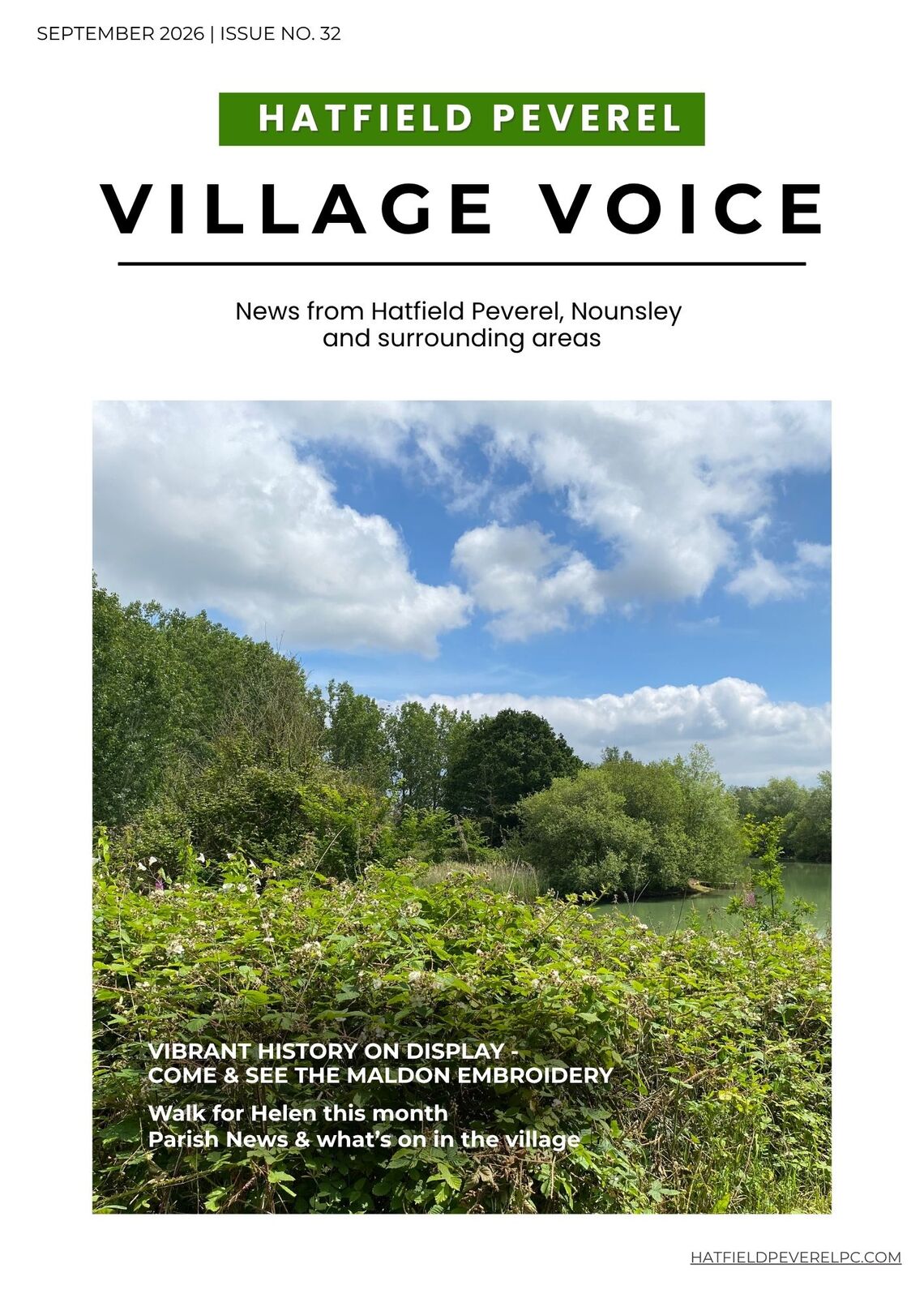 Village Voice Cover page featuring View across Hatfield Peverel Community Park, with dense green vegetation and trees surrounding a pond beneath a bright blue, partly cloudy sky.