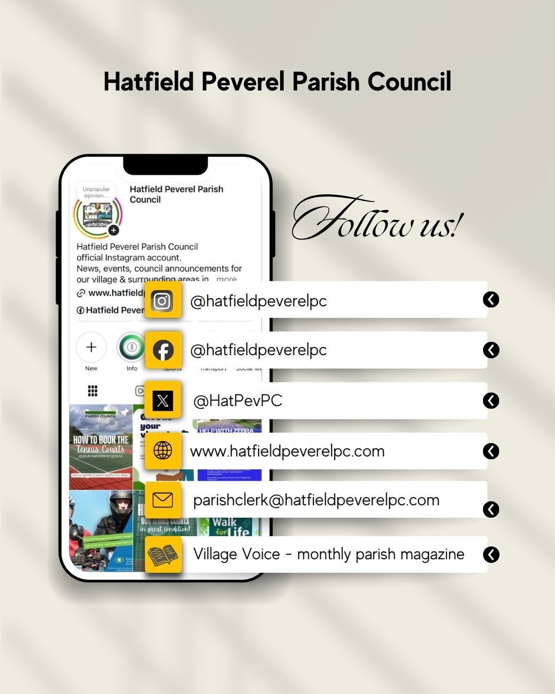 mobile phone graphic featuring Hatfield Peverel Parish Council's instagram account with text featuring the names of various social media accounts