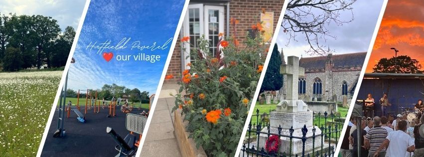 A collection of five photos from around the village - Stonepath Meadows, the outdoor gym, flowers outside the village hall, the cenotaph with poppy wreath with St Andrews church in the background and a band playing at Party in the Park 2026