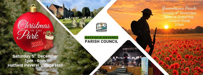 Four photos in a grid setting with Hatfield Peverel Parish Council logo in the centre, featuring a christmas bauble with Christmas in the Park 2026, St andrew's church, the Essex Yeomanry band at last year's Christmas in the park and a Tommy solider against a backdrop of a sunset lit poppy field