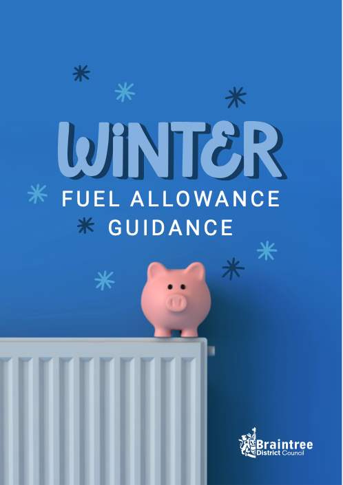 Front cover of Winter Allowance Guide showing a pink piggy bank sitting on top of a radiator